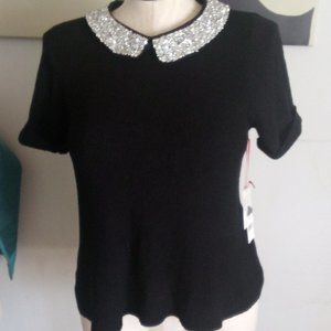 ELLE black Ribbed Cardigan with Encrusted Diamond Collar